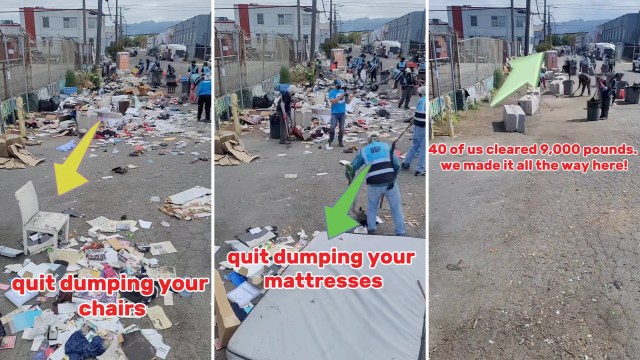 A group of people cleaning a littered street, revealing discarded furniture and trash, with visual progress markers.