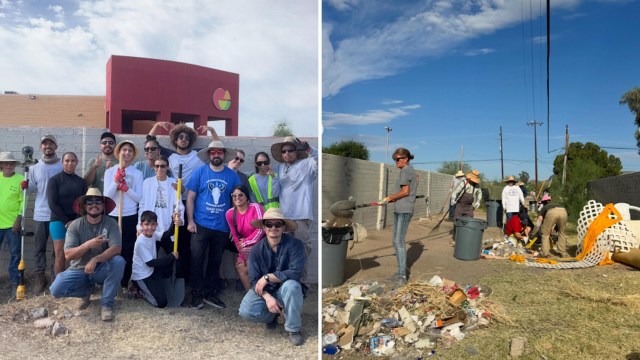A community cleanup event with volunteers posing on one side and cleaning debris on the other.