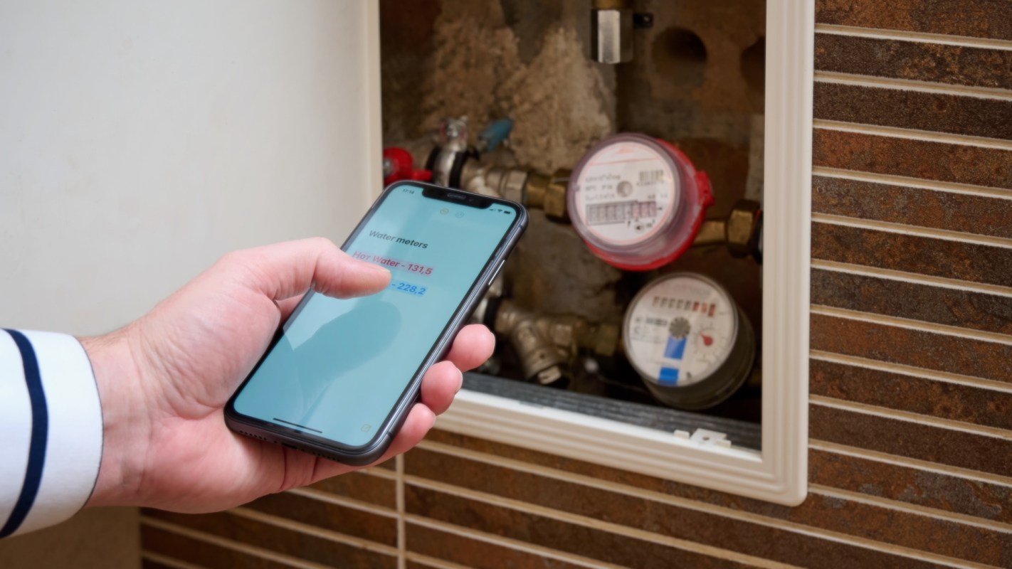 A person checks water meter readings on a smartphone near installed water meters in a wall cabinet.