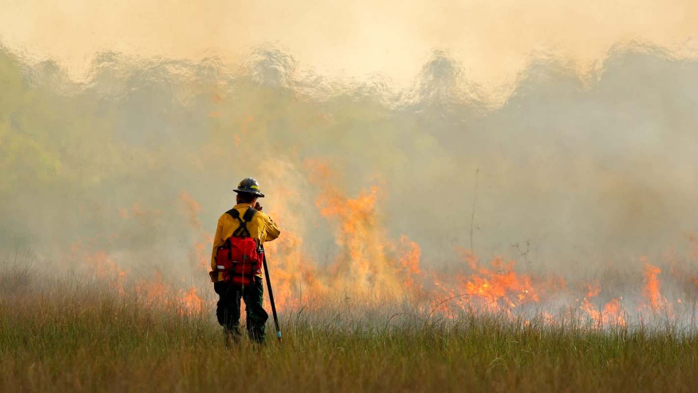 A firefighter monitors a grass fire, surrounded by smoke and flames in a dry field.