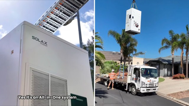 A solar power system being unloaded from a truck in a residential area with palm trees in the background.