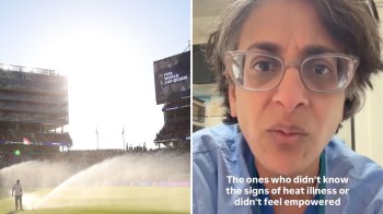 A World Cup stadium and a physician discussing heat exhaustion.