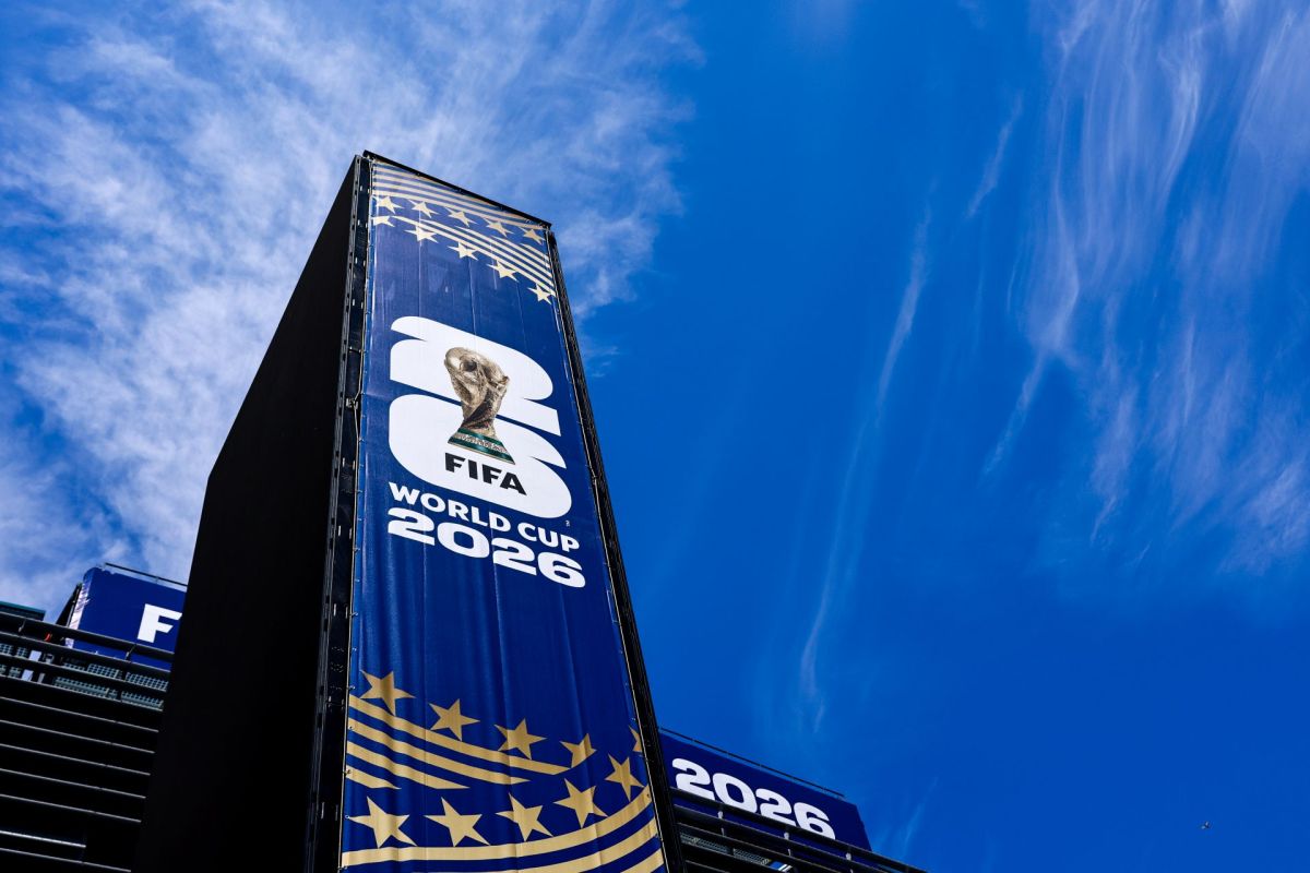 A tall banner displaying the FIFA World Cup 2026 logo.