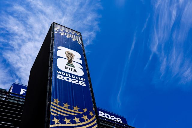 A tall banner displaying the FIFA World Cup 2026 logo.
