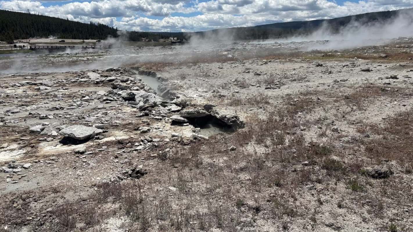 A rocky geothermal landscape with steam rising, surrounded by sparse vegetation and distant trees under a cloudy sky.