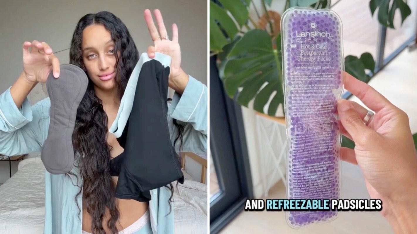 A woman holds up a reusable heating pad and an ice pack while showcasing postpartum care products.