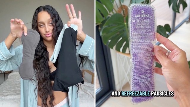 A woman holds up a reusable heating pad and an ice pack while showcasing postpartum care products.