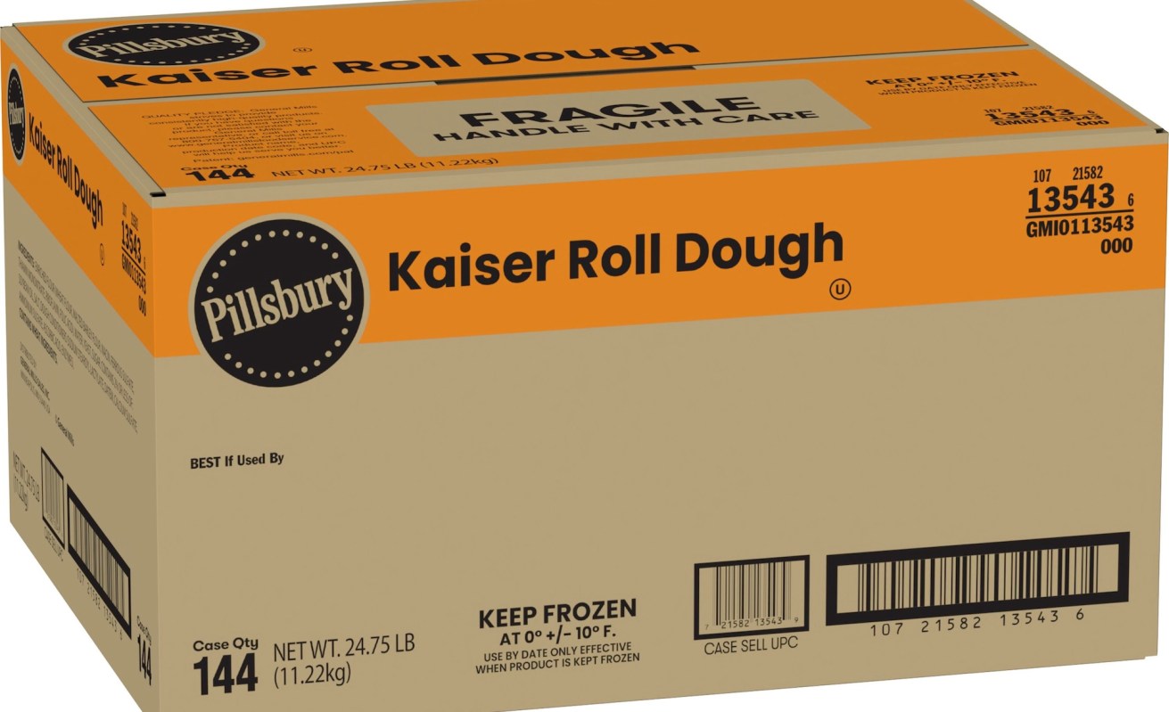 A box of Pillsbury Kaiser Roll Dough, labeled "Fragile" and indicating to keep frozen.