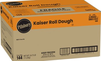 A box of Pillsbury Kaiser Roll Dough, labeled "Fragile" and indicating to keep frozen.