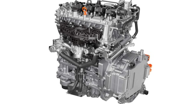 A detailed illustration of a modern automotive engine with various mechanical components and tubing.