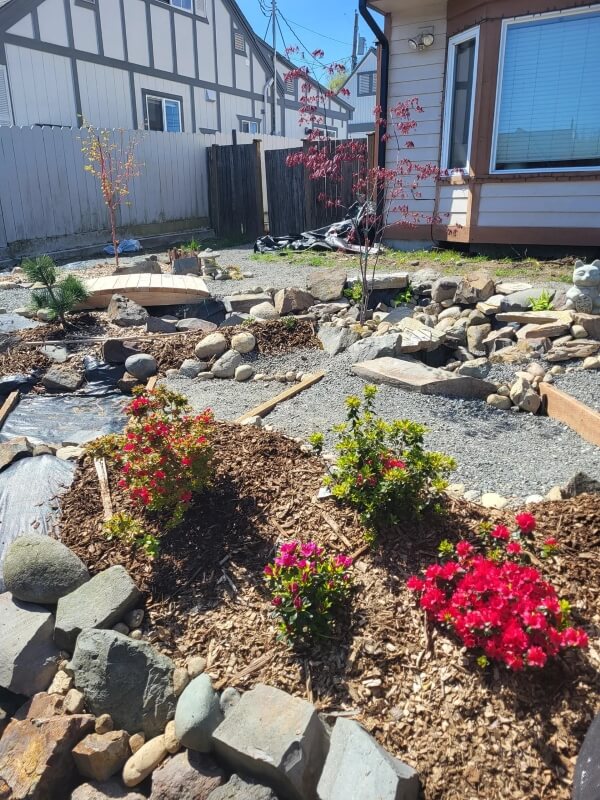 The completed garden featuring plant beds and a small river in between a gravel path.