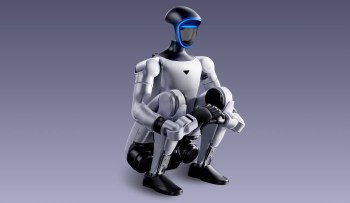 A humanoid robot with a sleek design squatting on a smooth surface against a gradient background.