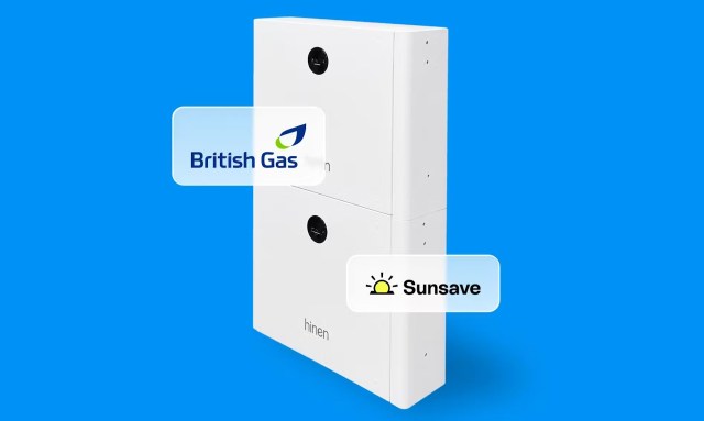 A white energy storage unit with logos for British Gas and Sunsave against a blue background.