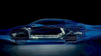 A side view of a car model with blue airflow simulation lines highlighting aerodynamic design.
