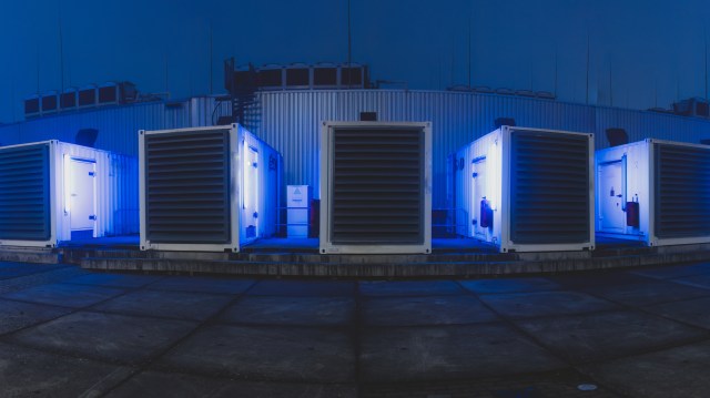 Backup gas generators at a data center.