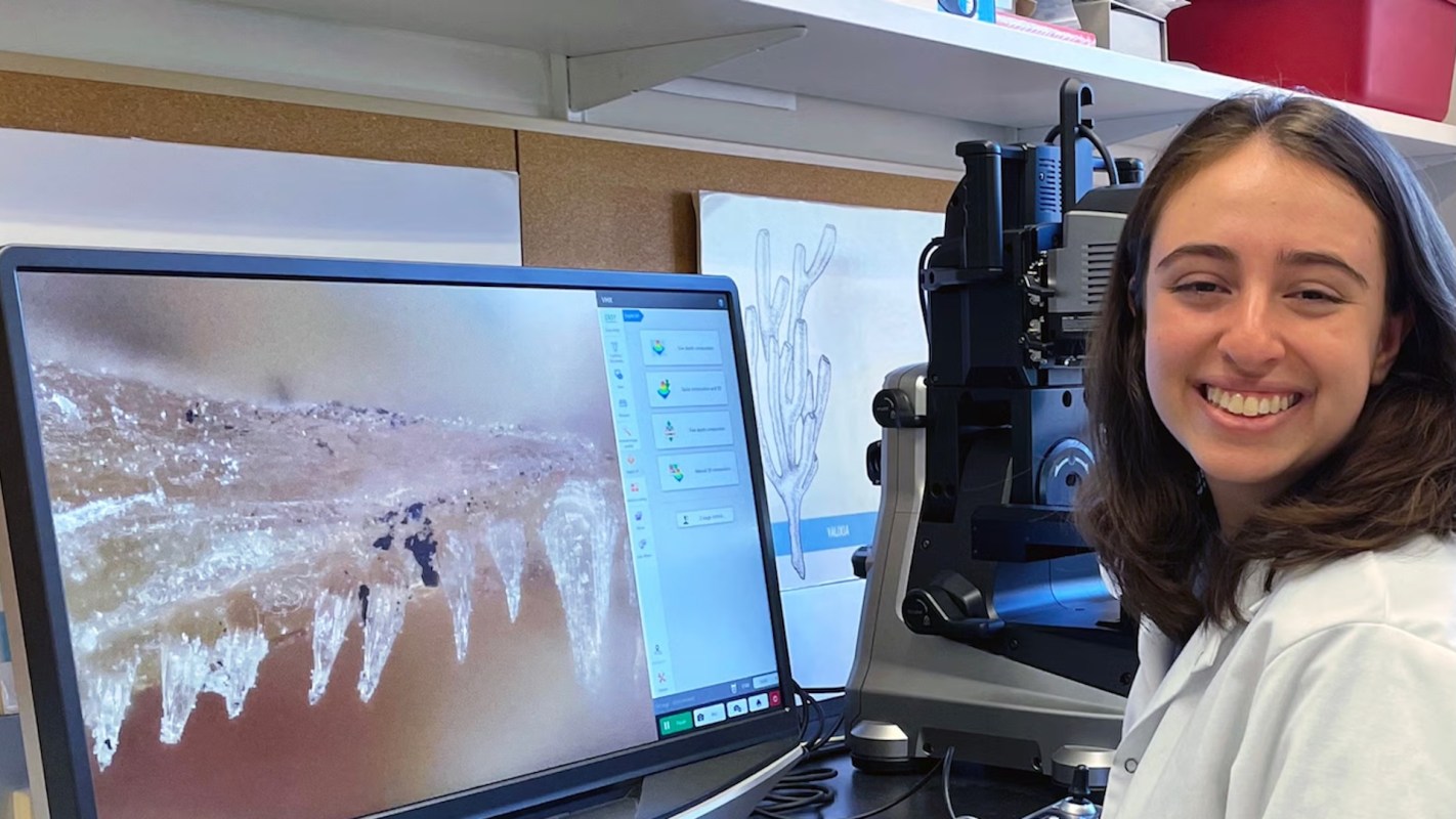 A researcher showcasing digital images of fossils.
