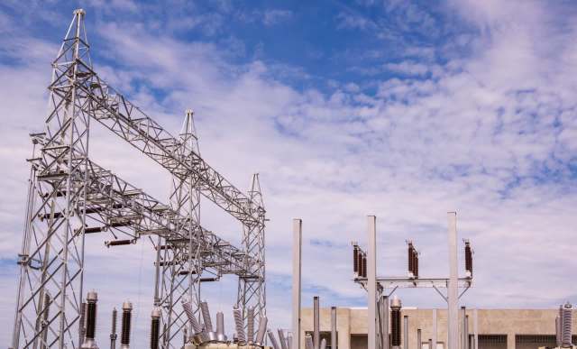 A power substation with high-voltage equipment.