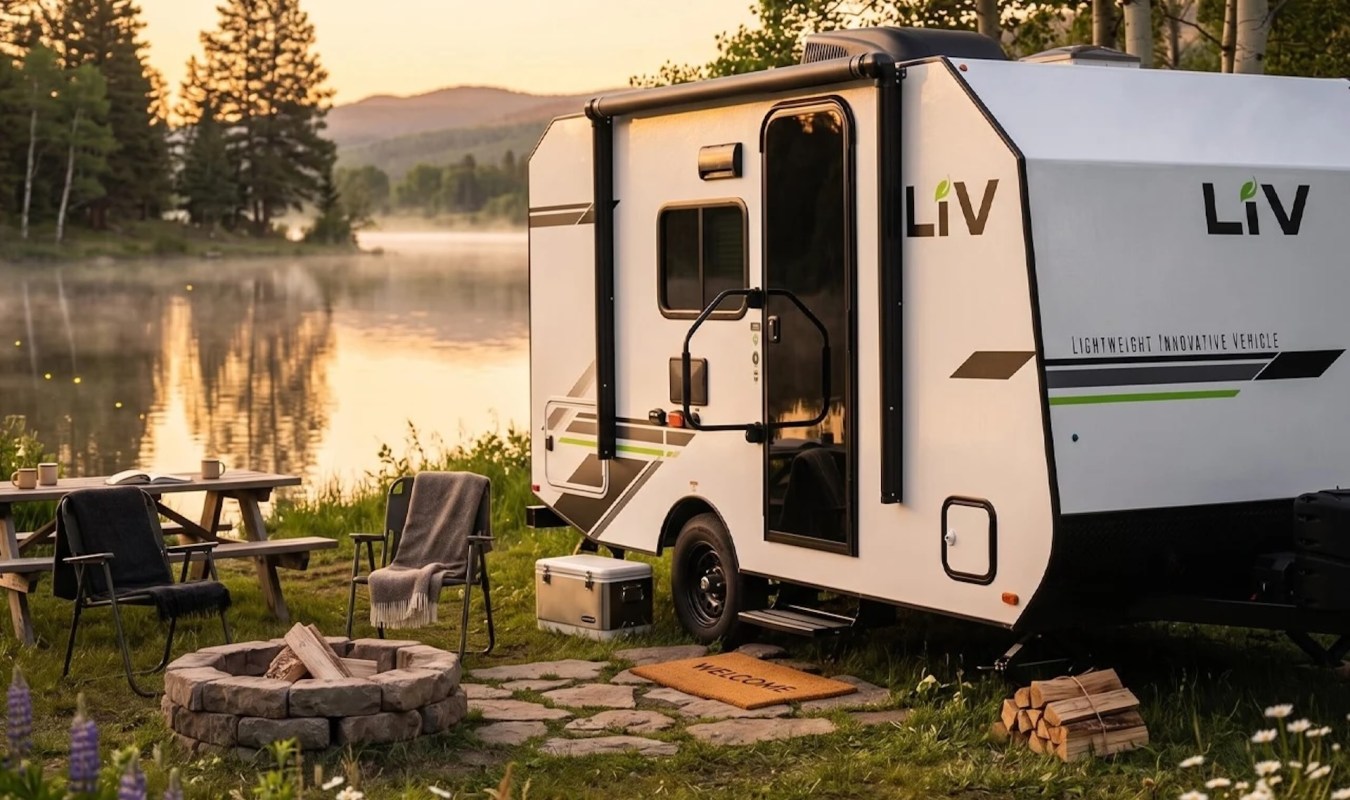 A compact camper trailer set by a serene lake, surrounded by trees and a cozy seating area with a fire pit.