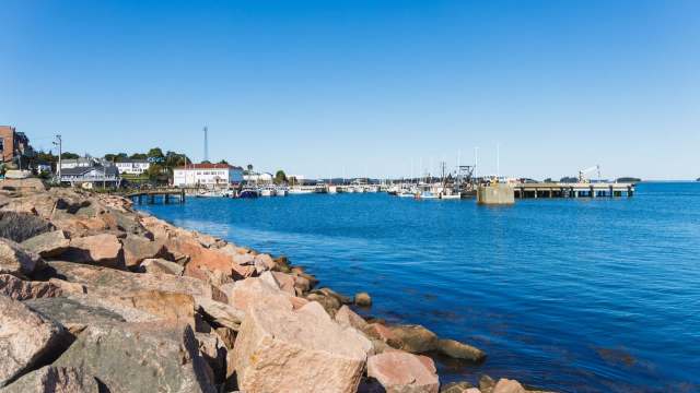 A rocky shoreline overlooking a calm harbor.