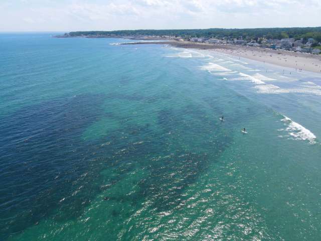 Aerial view of a clear blue ocean with two surfers and a sandy beach in the background.