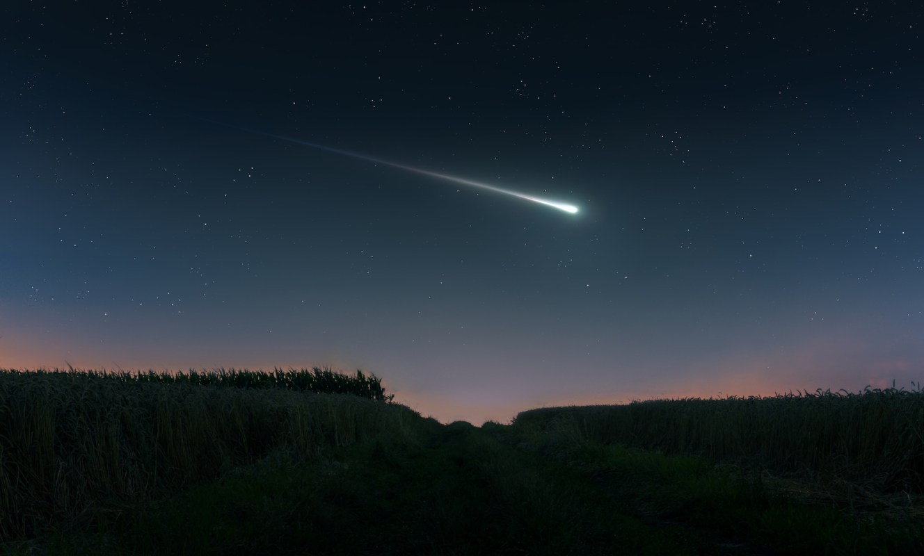 A comet streaks across a dark sky filled with stars, above a grassy path flanked by fields.