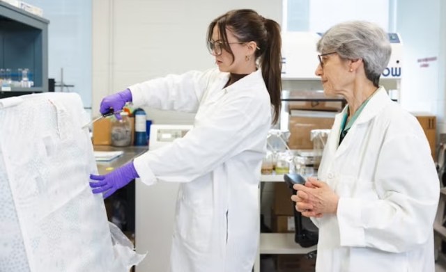 An older woman at the right in a white lab coat looks on as a younger woman cuts a sample from a mattress with scissors.