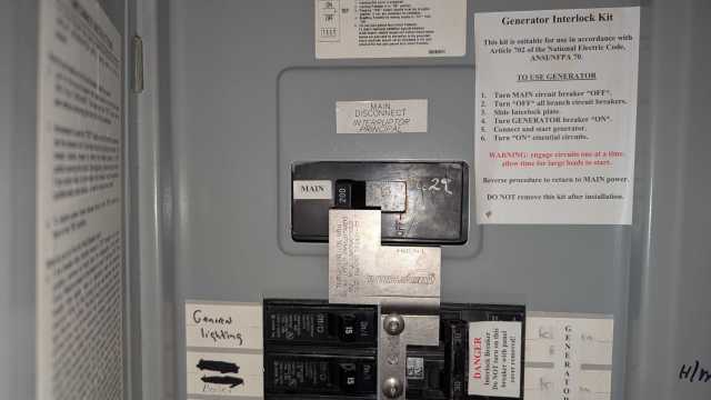 A close-up view of a residential circuit breaker panel with labels and instructions for generator interlock use.