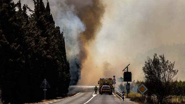 A fire truck and personnel respond to a wildfire along a roadway bordered by tall trees and smoke.