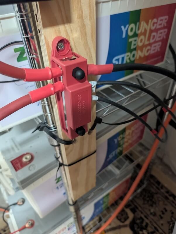 Wiring on a homemade solar battery bank.
