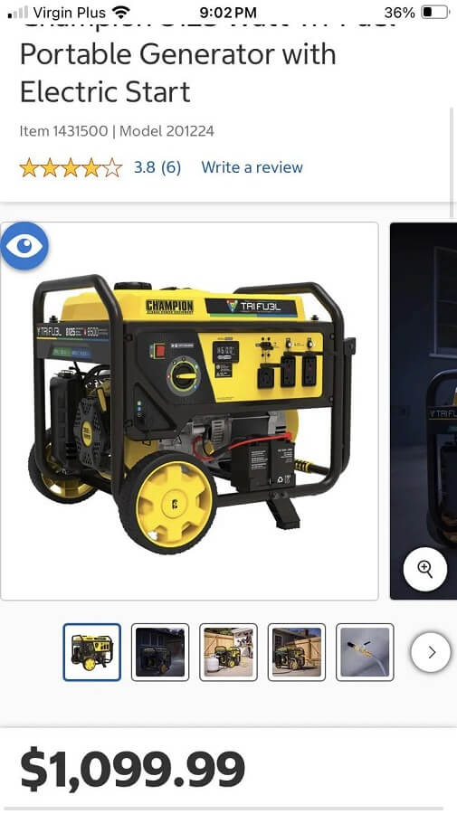 A portable generator with an electric start priced at $1,099.99.