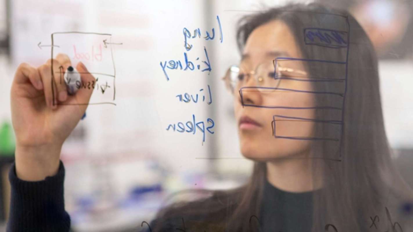 A person with glasses writes on a transparent board filled with diagrams and notes.