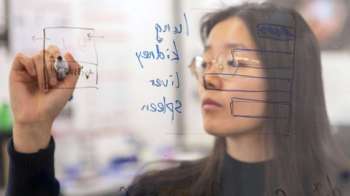 A person with glasses writes on a transparent board filled with diagrams and notes.