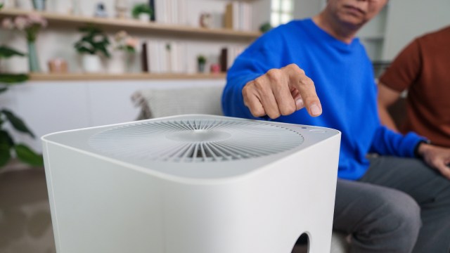 A person points at a white air purifier in a spacious, green indoor setting.