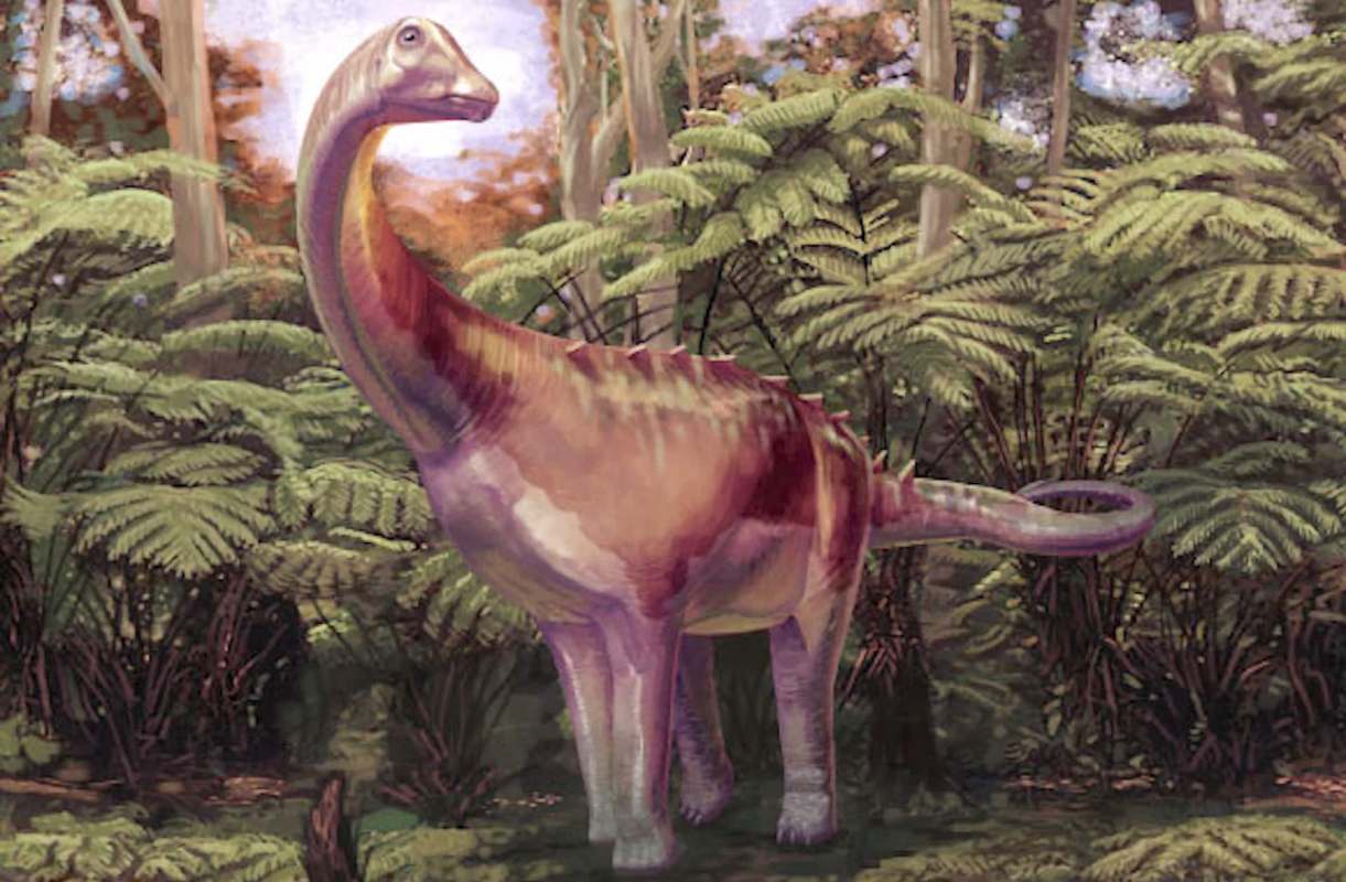An illustration of a dinosaur in a prehistoric forest.
