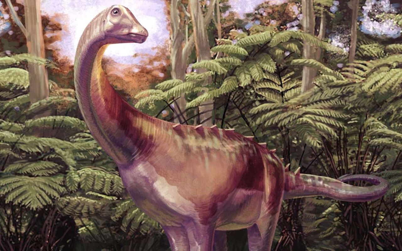 A colorful dinosaur stands amidst lush ferns in a prehistoric forest setting.