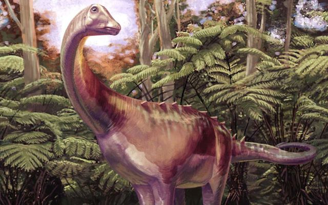 A colorful dinosaur stands amidst lush ferns in a prehistoric forest setting.