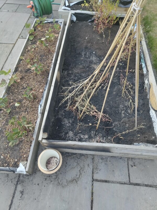 A raised plant bed with burned soil.
