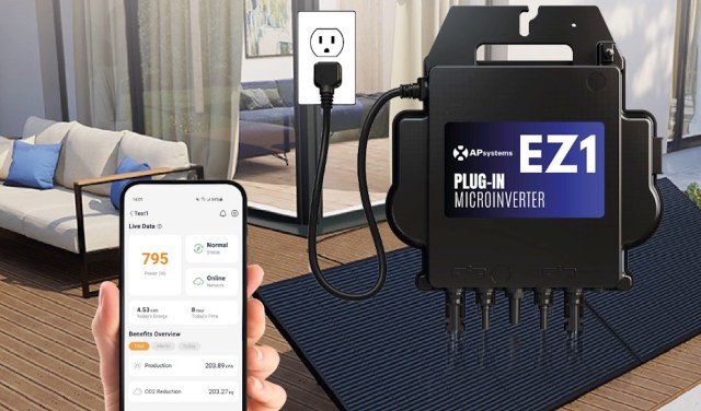 A smartphone displays data alongside an EZ1 plug-in microinverter connected to an electrical outlet.