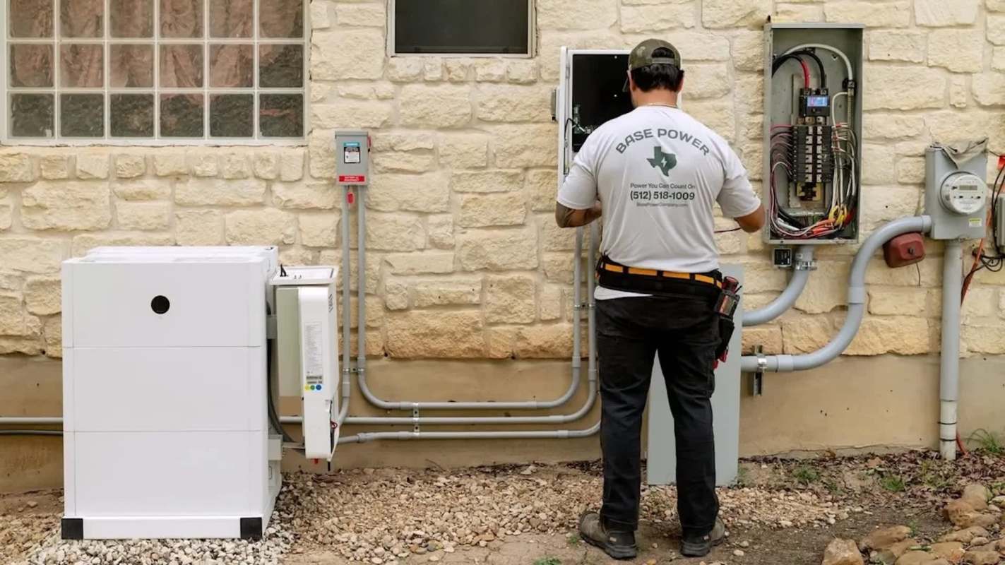A technician works on electrical equipment outside a building, including an inverter and a service panel.