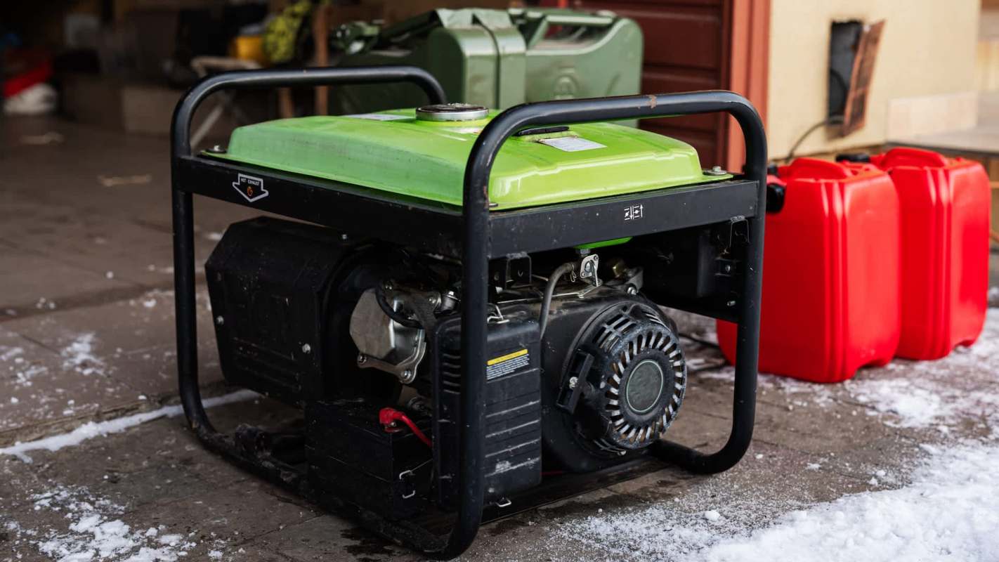 A green generator stands on a snowy surface next to red fuel containers in a garage setting.