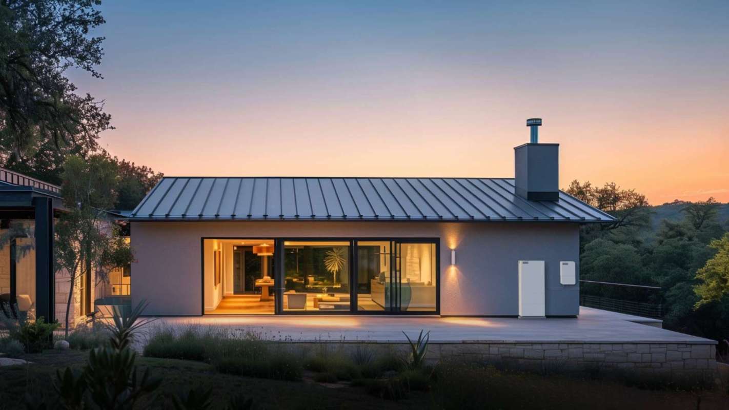 A modern house with large windows and a patio, surrounded by greenery at dusk.