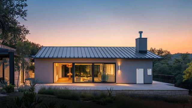A modern house with large windows and a patio, surrounded by greenery at dusk.