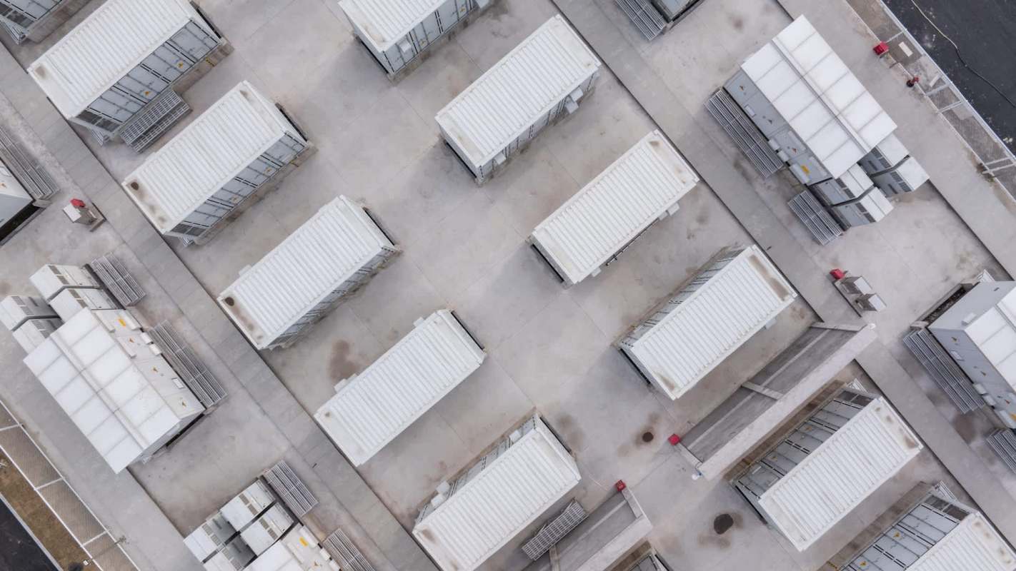 An aerial view of a battery storage facility.