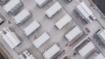 An aerial view of a battery storage facility.