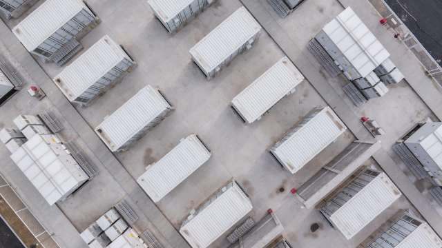 An aerial view of a battery storage facility.