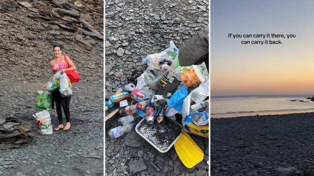 A person in a pink top collects trash on a rocky beach, highlighting environmental responsibility.