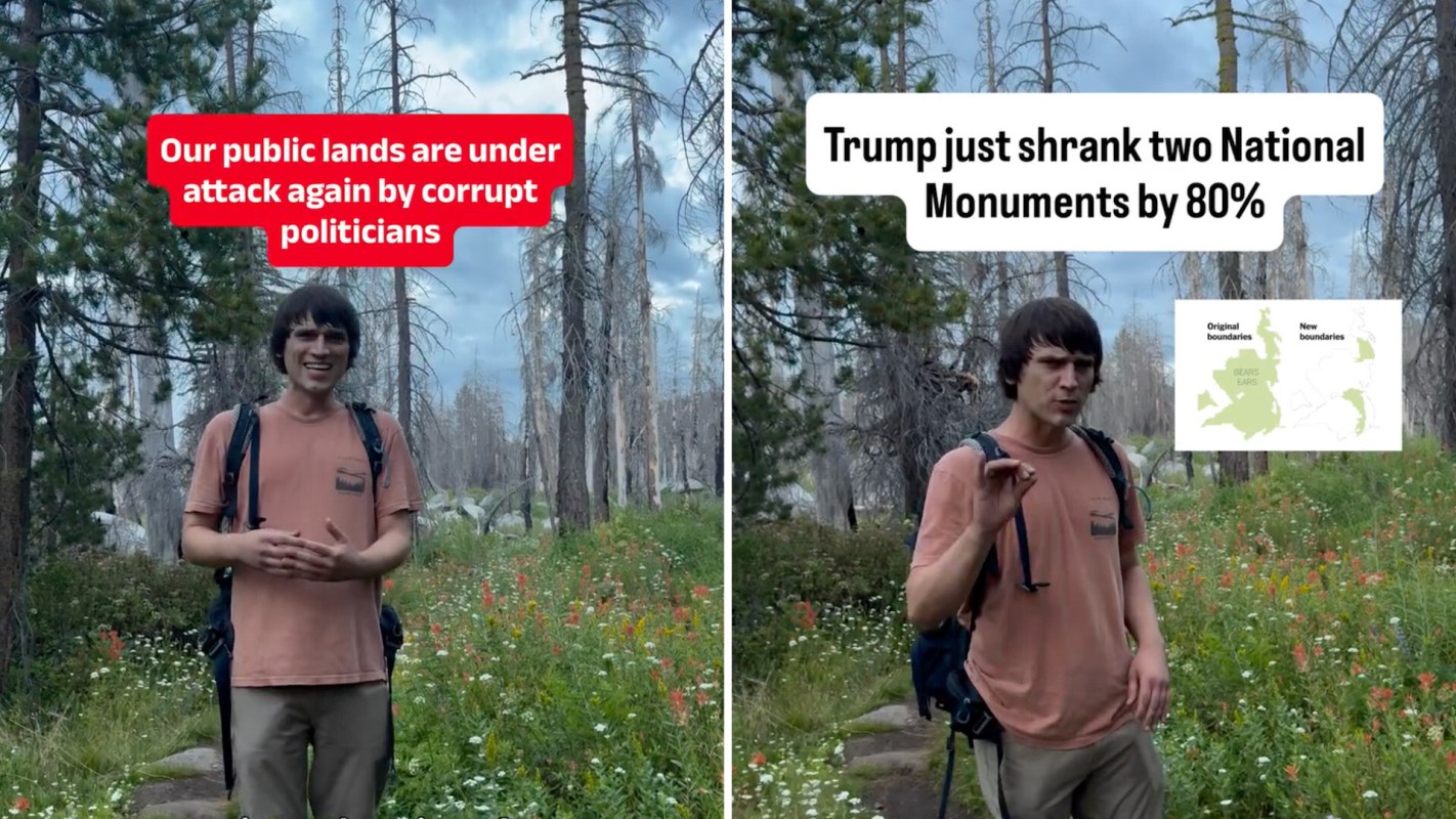 A young man stands in a forest with wildflowers, discussing changes to national monument boundaries.
