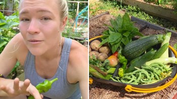 A woman holding a pepper next to a basket of veggies.
