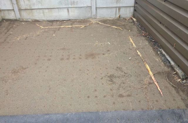 A narrow area with bare soil and small debris against a gray wall and brown siding.