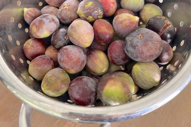 A close-up of a colander filled with ripe figs in various shades of purple and green.